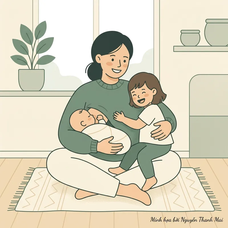 Mẹ vỗ về con lớn giải tỏa tâm lý ganh tị khi có em bé sơ sinh bú sữa mẹ
