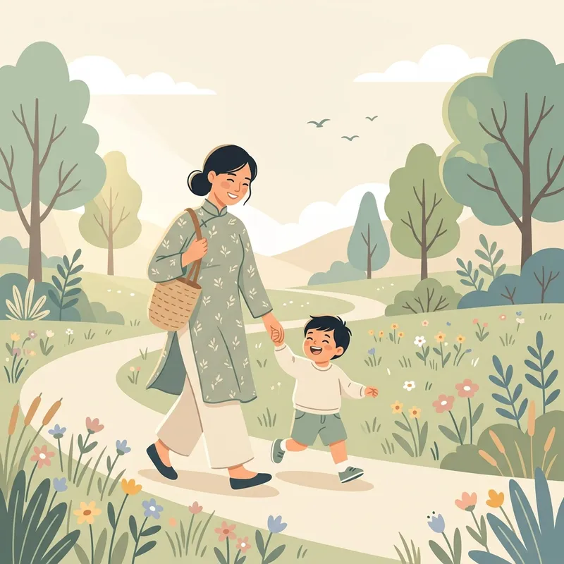 Ảnh minh họa phẳng mẹ và bé lớn đi dạo thong dong giữa thiên nhiên, tượng trưng cho quá trình cai sữa tự nhiên, nhẹ nhàng và thấu cảm