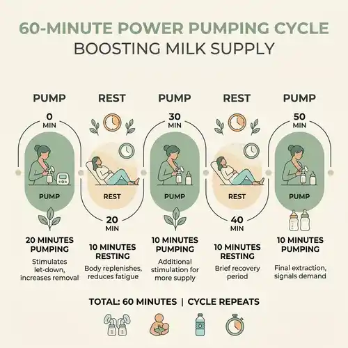 Sơ đồ minh họa chu kỳ kích sữa Power Pumping 60 phút cữ vắt: vắt 20 phút, nghỉ 10 phút, vắt 10 phút, nghỉ 10 phút, vắt 10 phút