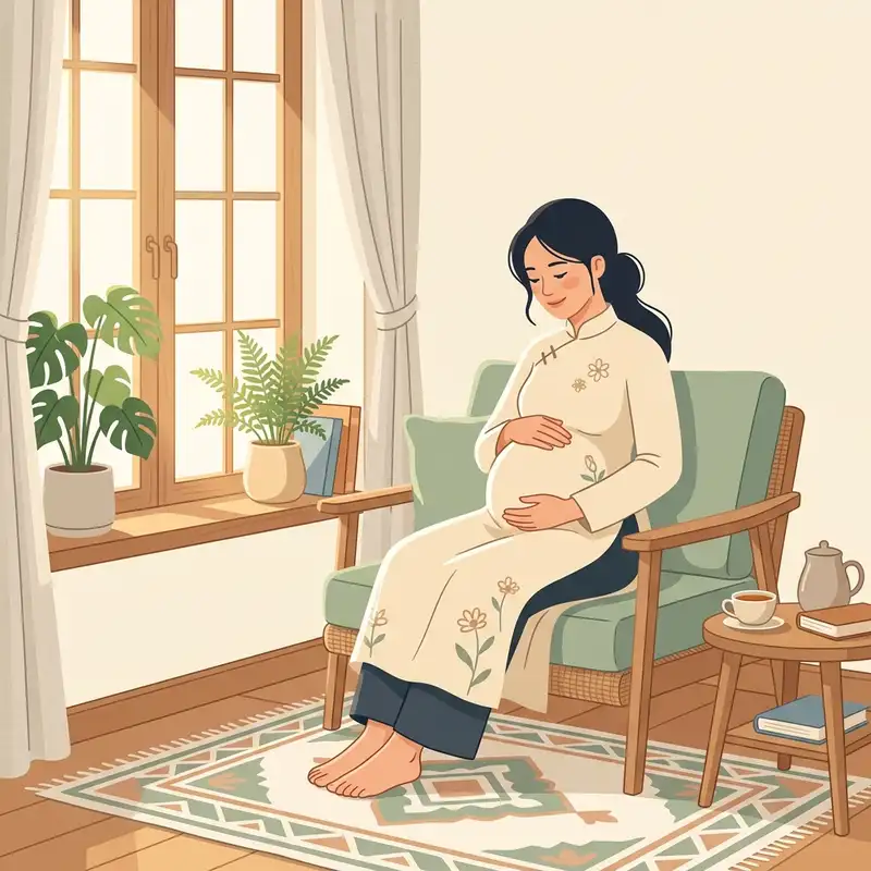 Chuẩn bị sữa mẹ trước sinh - Người mẹ bầu ngồi yên bình bên cửa sổ chạm tay dịu dàng lên bụng