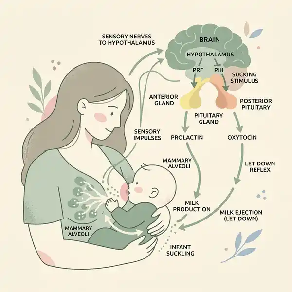 Sơ đồ vòng phản xạ nội tiết điều hòa dòng sữa Prolactin tạo sữa và Oxytocin phóng sữa sinh học