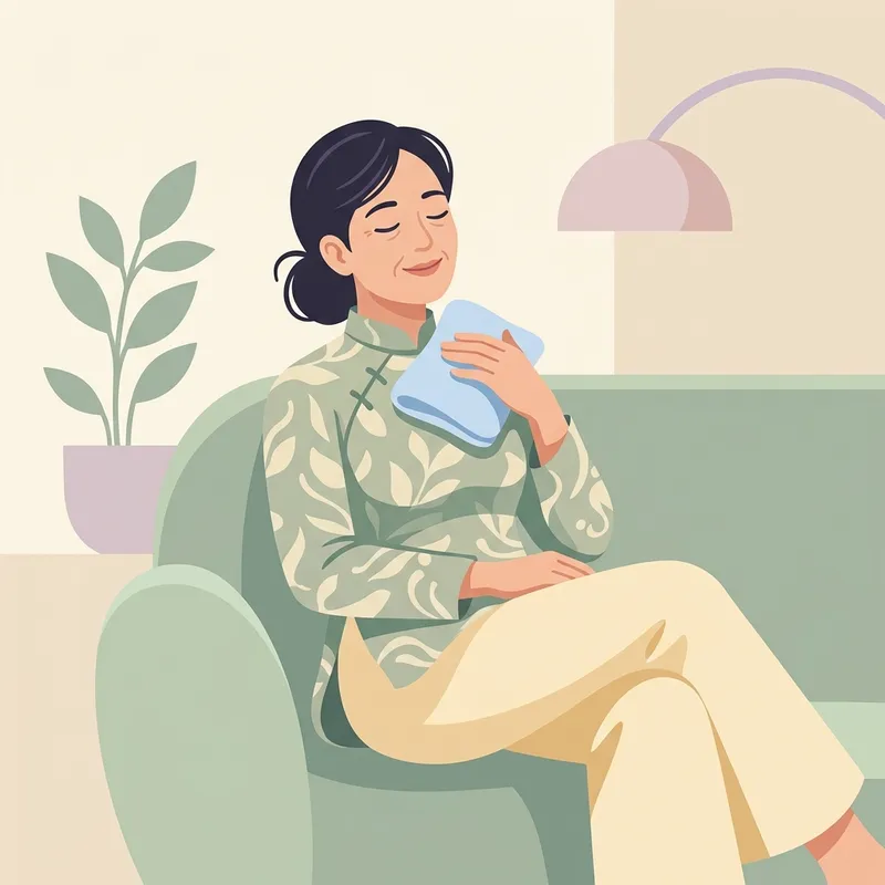 Ảnh minh họa phẳng (Flat art) mô tả người mẹ bỉm sữa cười nhẹ nhõm khi dùng khăn chườm mát dịu nhẹ cho bầu ngực căng cứng