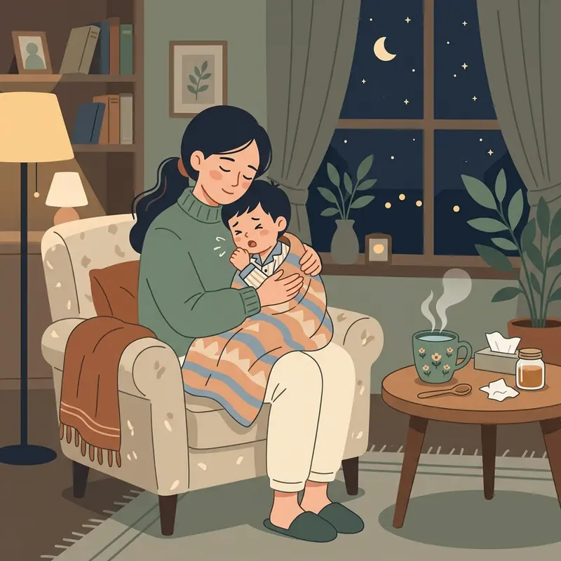 Mẹ bỉm nâng đỡ bế nghiêng dỗ con khóc ho sặc sụa và lau miệng sạch cho con dịu dàng cữ đêm muộn