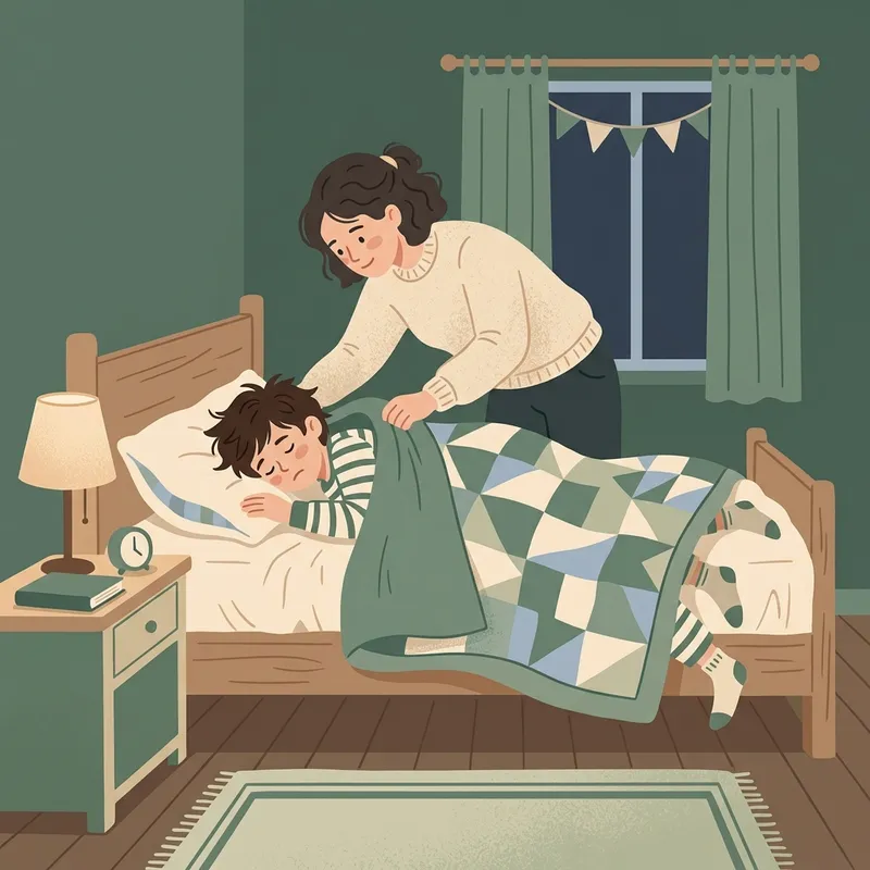 Hình minh họa phẳng tả cảnh trẻ nhỏ gầy gò tay chân lạnh nằm trằn trọc co người và ba mẹ đang đắp chăn chăm sóc vỗ về con