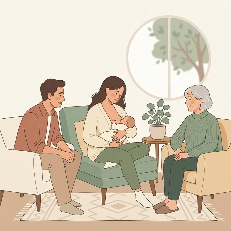 Mẹ sữa ngồi chia sẻ, trò chuyện vui vẻ với mẹ chồng và chồng về phác đồ nuôi con sữa mẹ chuẩn y khoa