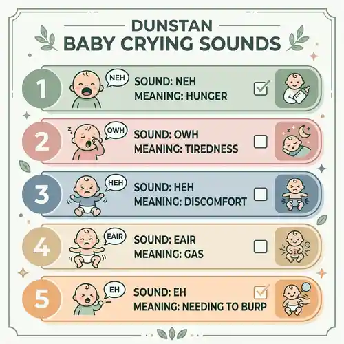 Bảng sơ đồ giải mã 5 tiếng khóc Dunstan chuẩn khoa học của bé: đói, buồn ngủ, đầy hơi, khó chịu, cần ợ hơi