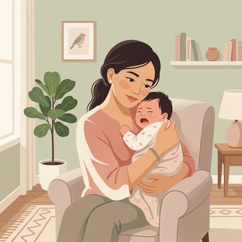 Hình minh họa người mẹ ôm ấp vỗ về em bé đang khóc một cách thấu cảm, tạo không gian bình an dịu nhẹ