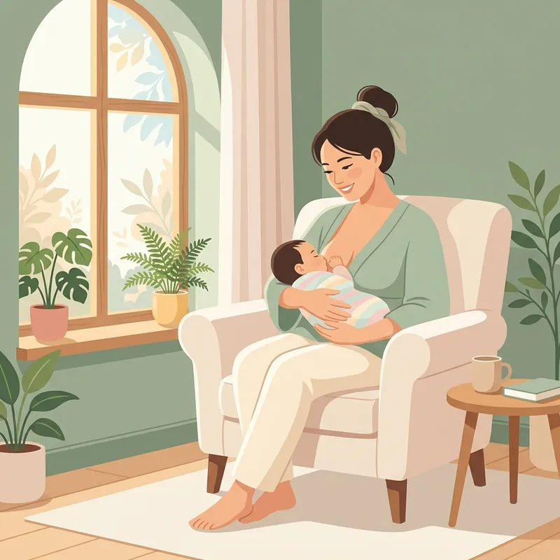 Hình vẽ minh họa mẹ bỉm sữa ngồi thoải mái bên cửa sổ ngập tràn ánh nắng ấm áp, cho bé bú trực tiếp một cách êm ái không hề đau đớn