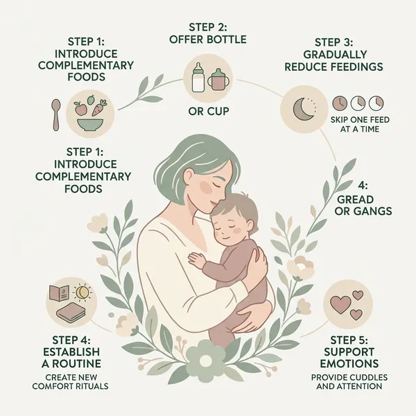 Sơ đồ mô phỏng lộ trình cắt giảm cữ bú từng bước thong dong mỗi tuần một cữ để ngực mẹ thích nghi tự nhiên