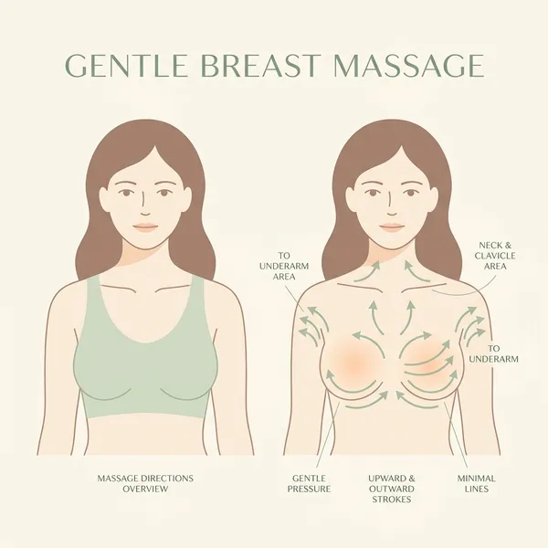 Sơ đồ kỹ thuật massage dẫn lưu bạch huyết bằng cách vuốt nhẹ hướng mũi tên từ bầu ngực lên phía nách và cổ để lưu thông dịch kẽ