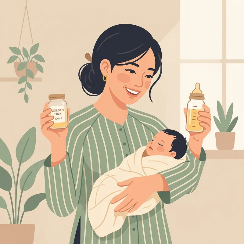 Người mẹ hạnh phúc mỉm cười nâng niu bình sữa mẹ dồi dào vàng ấm rực rỡ