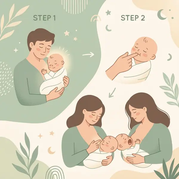 Sơ đồ 3 bước xử trí khi bé khóc ré từ chối ti mẹ trực tiếp: bế đứng da kề da dỗ nín, mút ngón tay ba để trấn an, chốt khớp ngậm sâu khi bé há miệng to