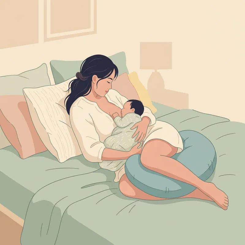 Hình minh họa mẹ sinh mổ nằm nghiêng cho con bú thư giãn trên giường, giúp bảo vệ vết mổ dưới bụng không bị tì đè