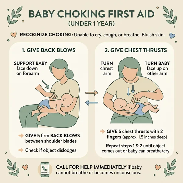 Sơ đồ hướng dẫn các bước sơ cứu hóc nghẹn dị vật Heimlich (vỗ lưng ấn ngực) cho bé dưới 1 tuổi