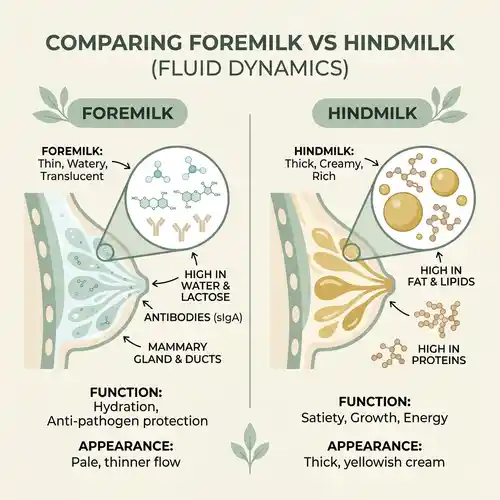 Sơ đồ so sánh thành phần dinh dưỡng và kháng thể giữa sữa đầu cữ (Foremilk) loãng và sữa cuối cữ (Hindmilk) đặc béo