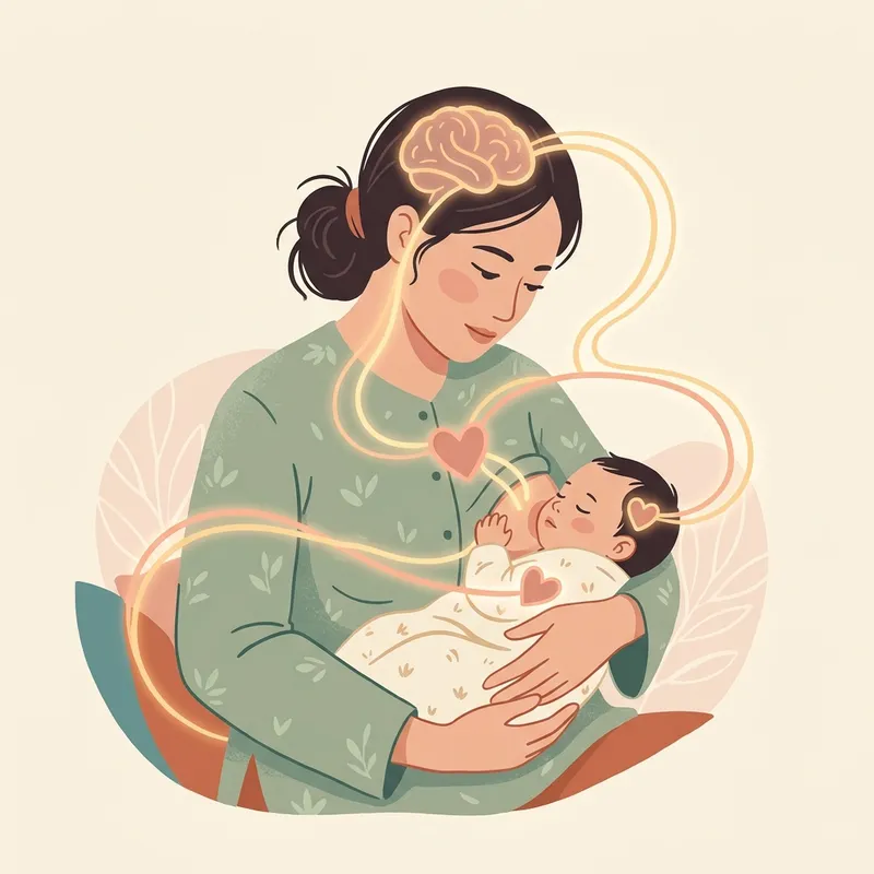 Tâm lý học sữa mẹ - Hình minh họa dòng chảy hoóc-môn Oxytocin ấm áp, kết nối não bộ, trái tim và nguồn sữa mẹ khi mẹ ôm ấp vỗ về em bé