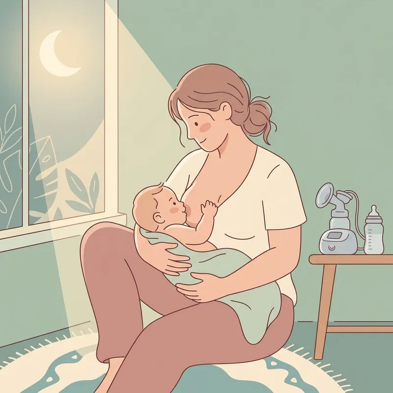 Minh họa mẹ bỉm sữa hạnh phúc bế bé da kề da bú trực tiếp, giải phóng khỏi máy hút sữa và bình bú sau thời gian dài kiên trì